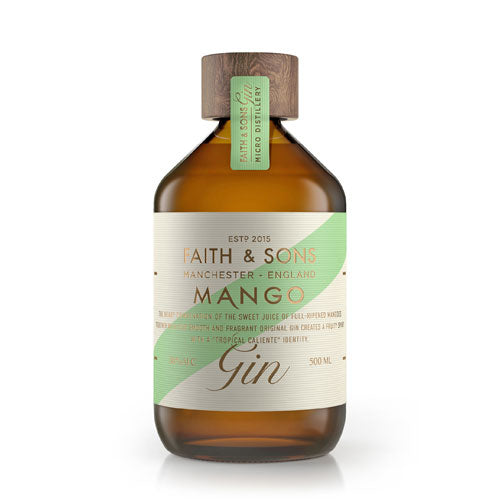 A bottle of Faith & Sons Organic Mango Gin 50cl